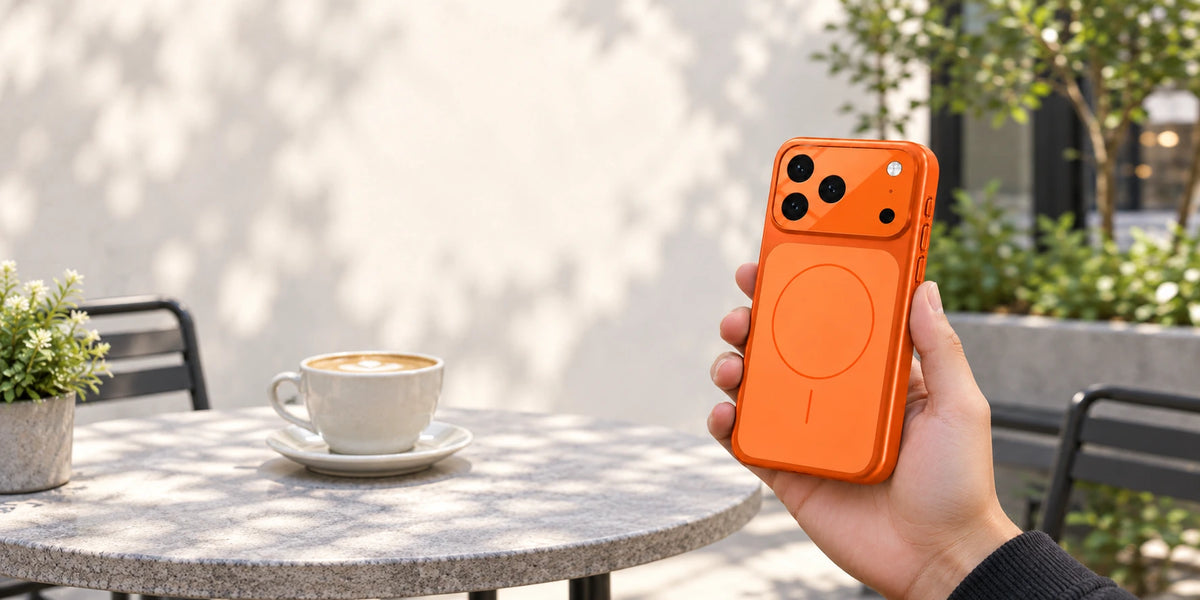 Orange matte phone case held naturally outdoors with its full camera cover visible.