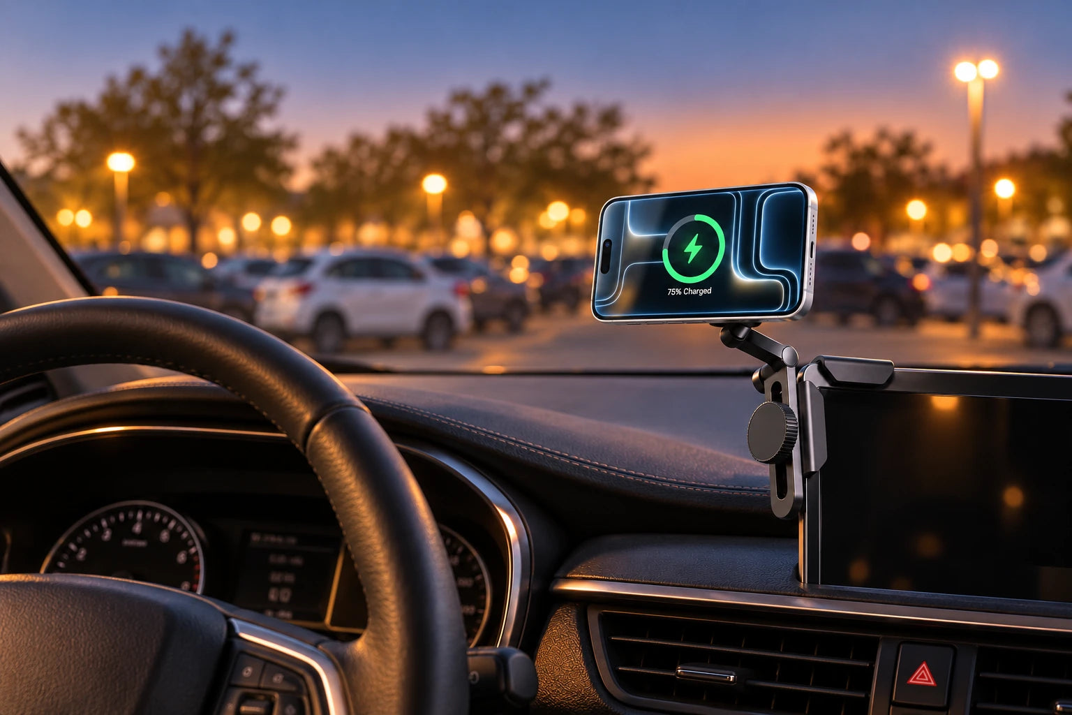 Phone in landscape orientation on an adjustable bracket beside a car display.