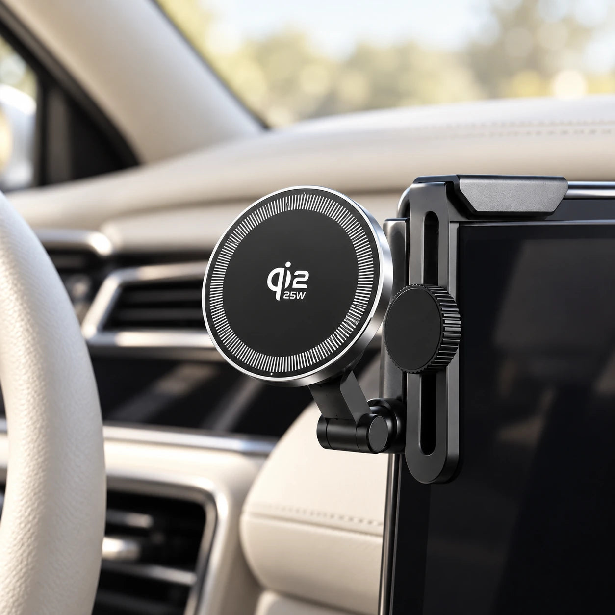 Close view of a phone attached to the circular charging head of a screen mount.