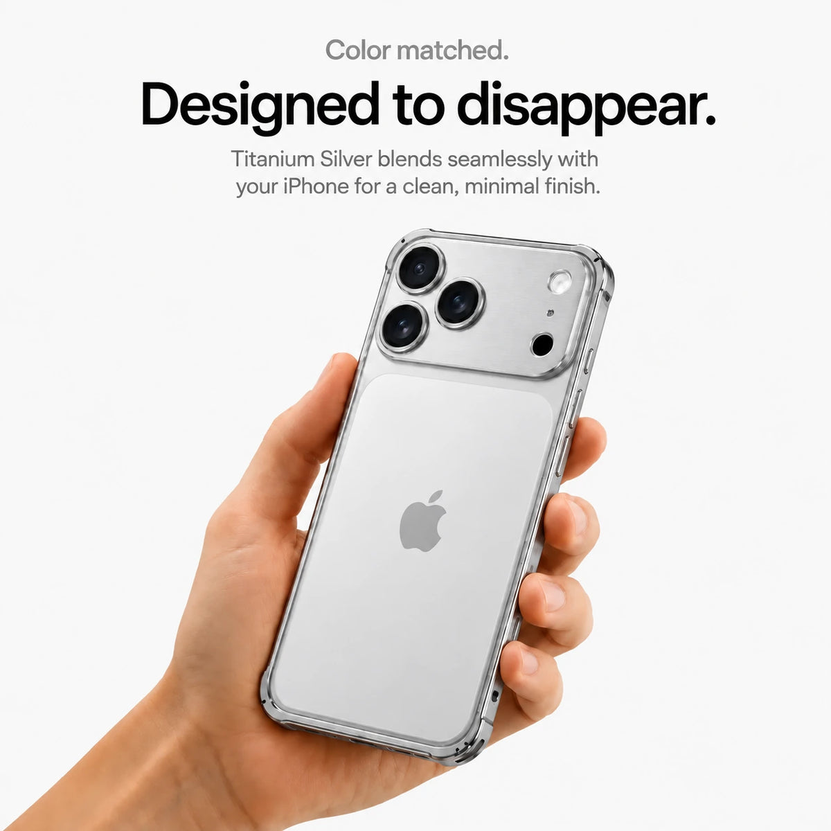 Silver aluminum frame phone case held in a hand showing its open back #color_Titanium Silver