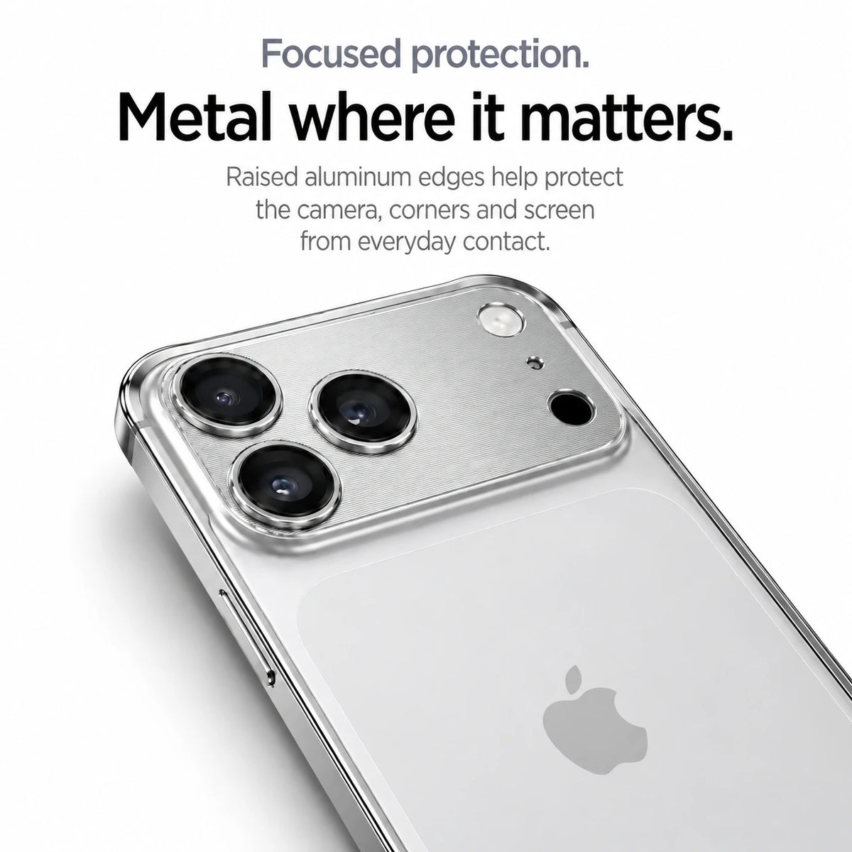 Silver aluminum frame phone case showing its raised camera and corner protection #color_Titanium Silver