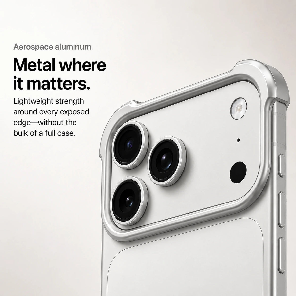 Silver metal phone bumper held in hand showing access to the side buttons #color_Titanium Silver