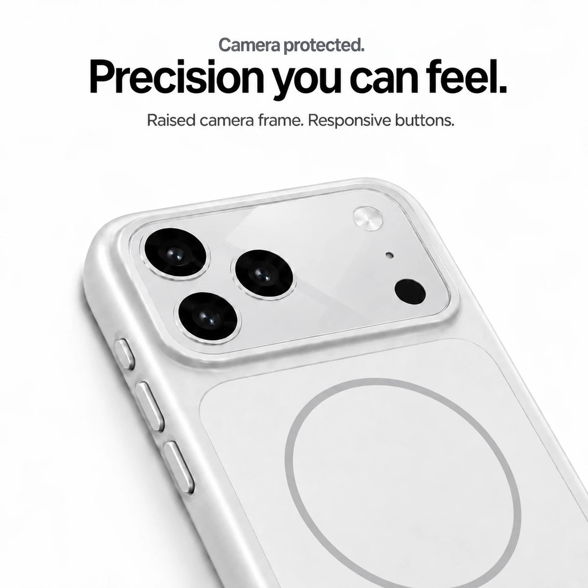Silver protective phone case close-up showing the raised camera frame and side buttons #color_Titanium Silver