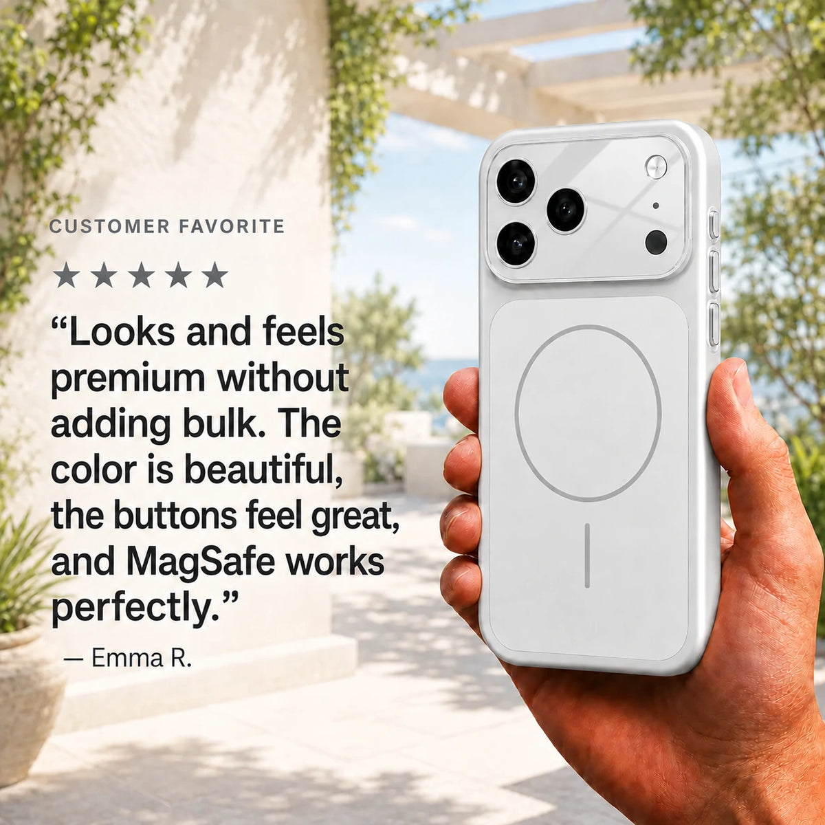 Silver slim protective phone case held on a sunny patio beside customer feedback #color_Titanium Silver