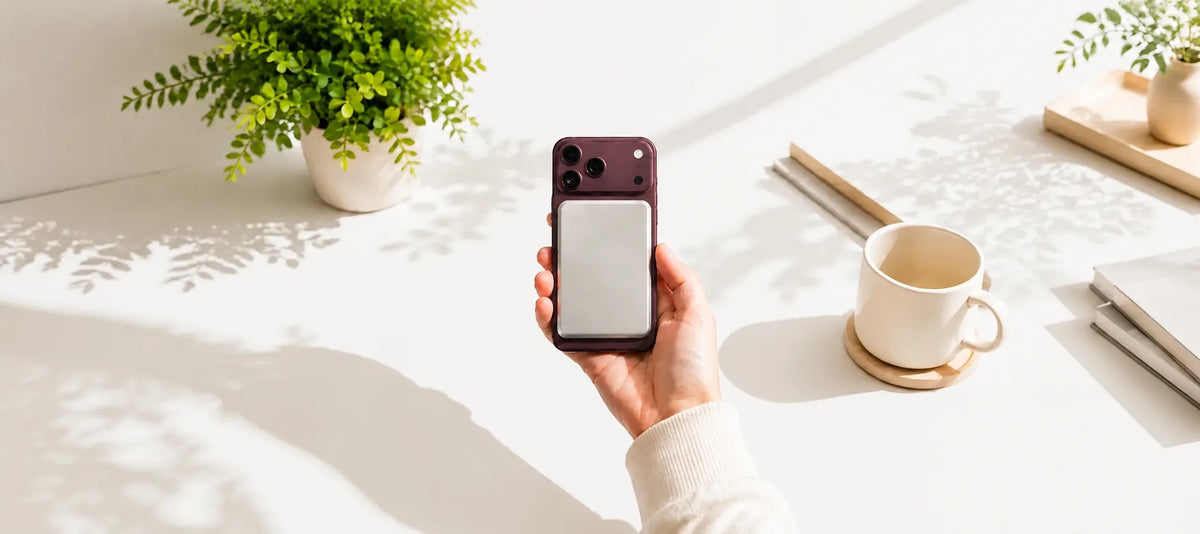 Slim silver magnetic power bank attached to a burgundy phone held above a sunlit desk.