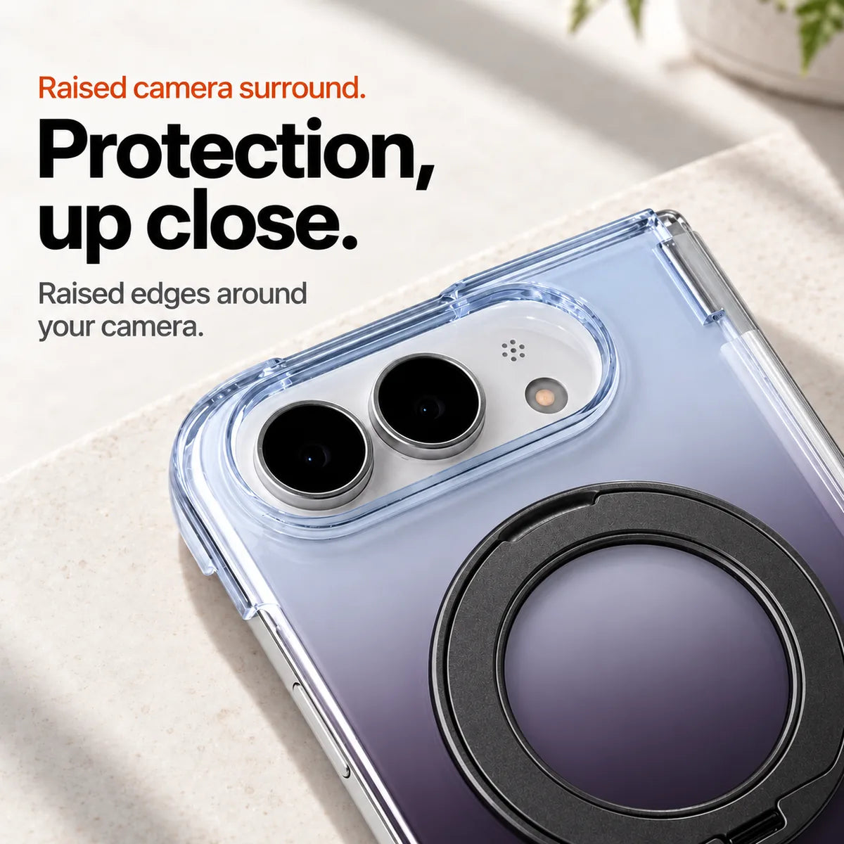 Smoky purple gradient phone case close-up showing the raised oval camera surround and folded ring. #color_Midnight Mist