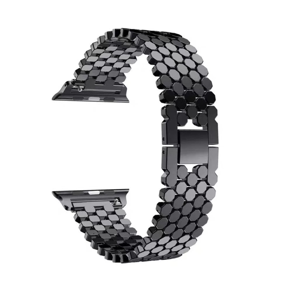 Elegant stainless steel Apple Watch band for women with a polished slim-link design, perfect for formal and casual wear.