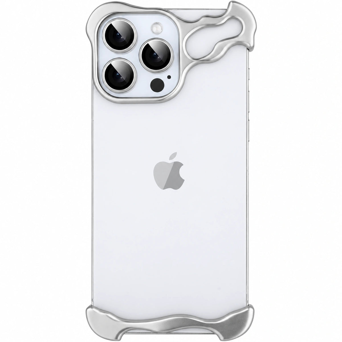 Titanium silver sculpted metal phone bumper around a pale triple camera phone #color_Titanium Silver