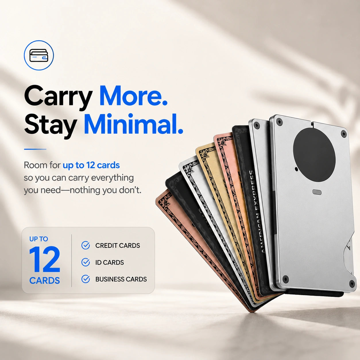 Titanium Silver slim tracking card wallet with a fan of cards #color_Titanium Silver