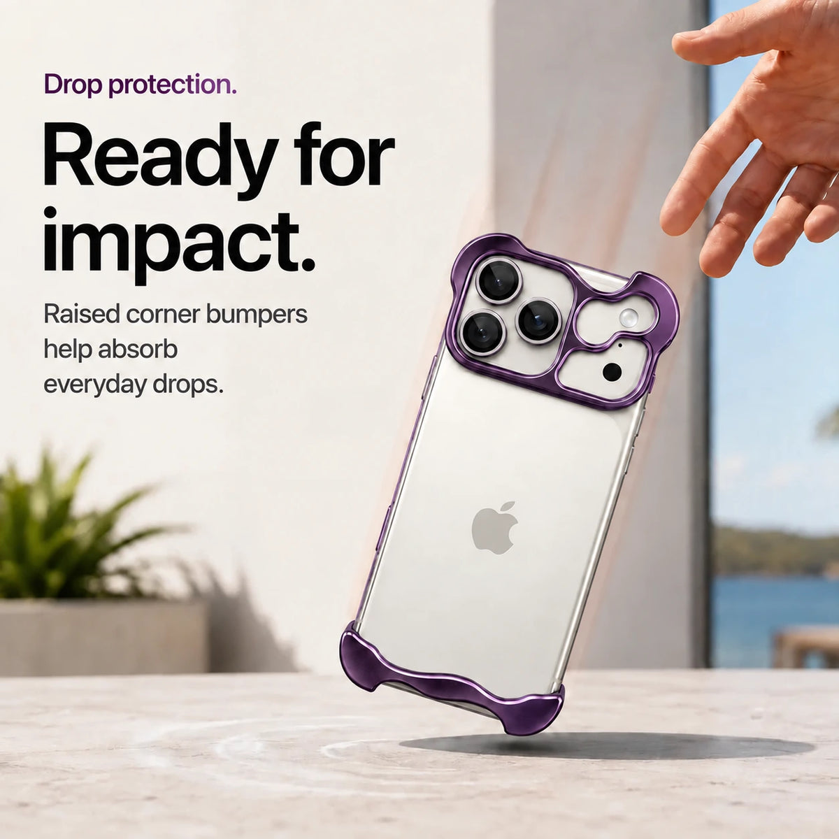 Violet sculpted metal phone case demonstrating raised corner protection during a drop #color_Lavender Purple