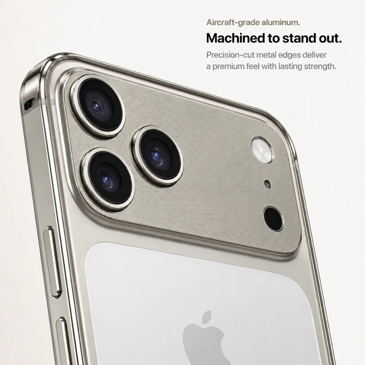 Warm gray aluminum frame phone case showing the machined camera guard and metal frame #color_Natural Titanium