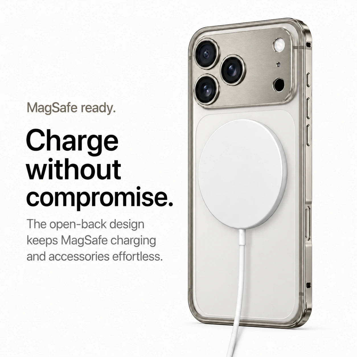 Warm gray aluminum frame phone case with a white wireless charging puck #color_Natural Titanium