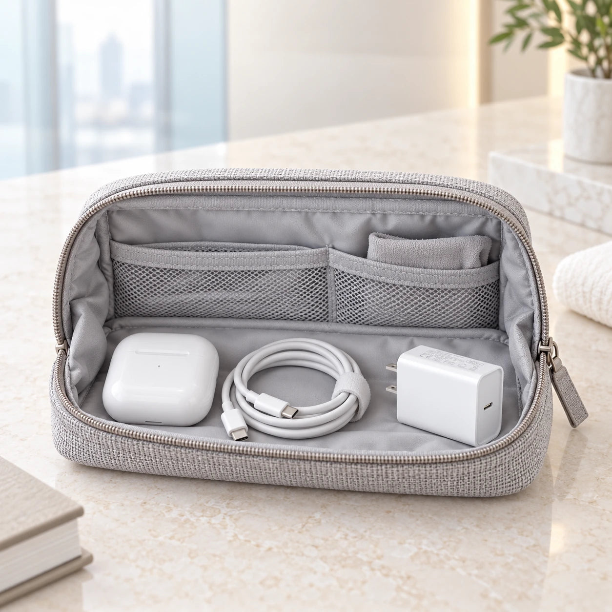 Compact white USB-C adapter beside a cable and earbud case in a roomy travel pouch.