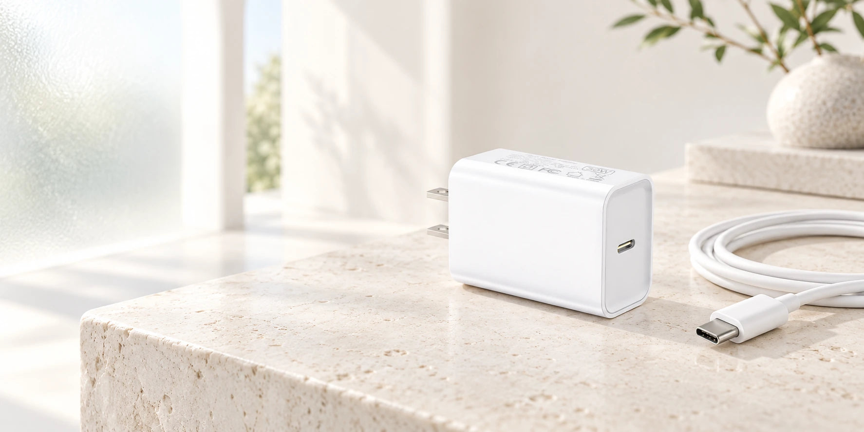 Compact white rectangular USB-C adapter beside a charging cable on pale stone.