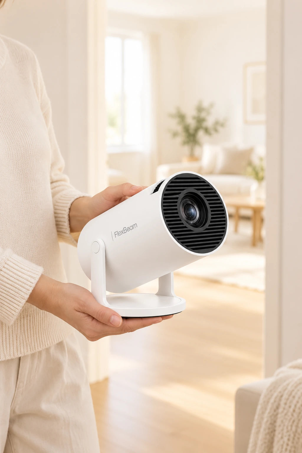 A person carrying the compact white projector with its complete cradle and base.