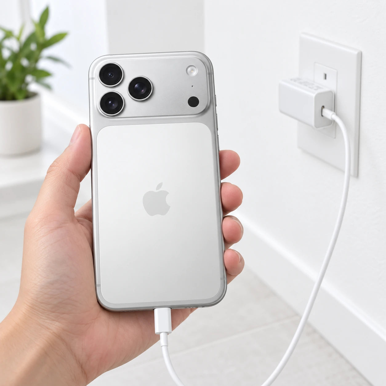 Silver iPhone17ProMax connected through its bottom USB-C port to a compact wall adapter.