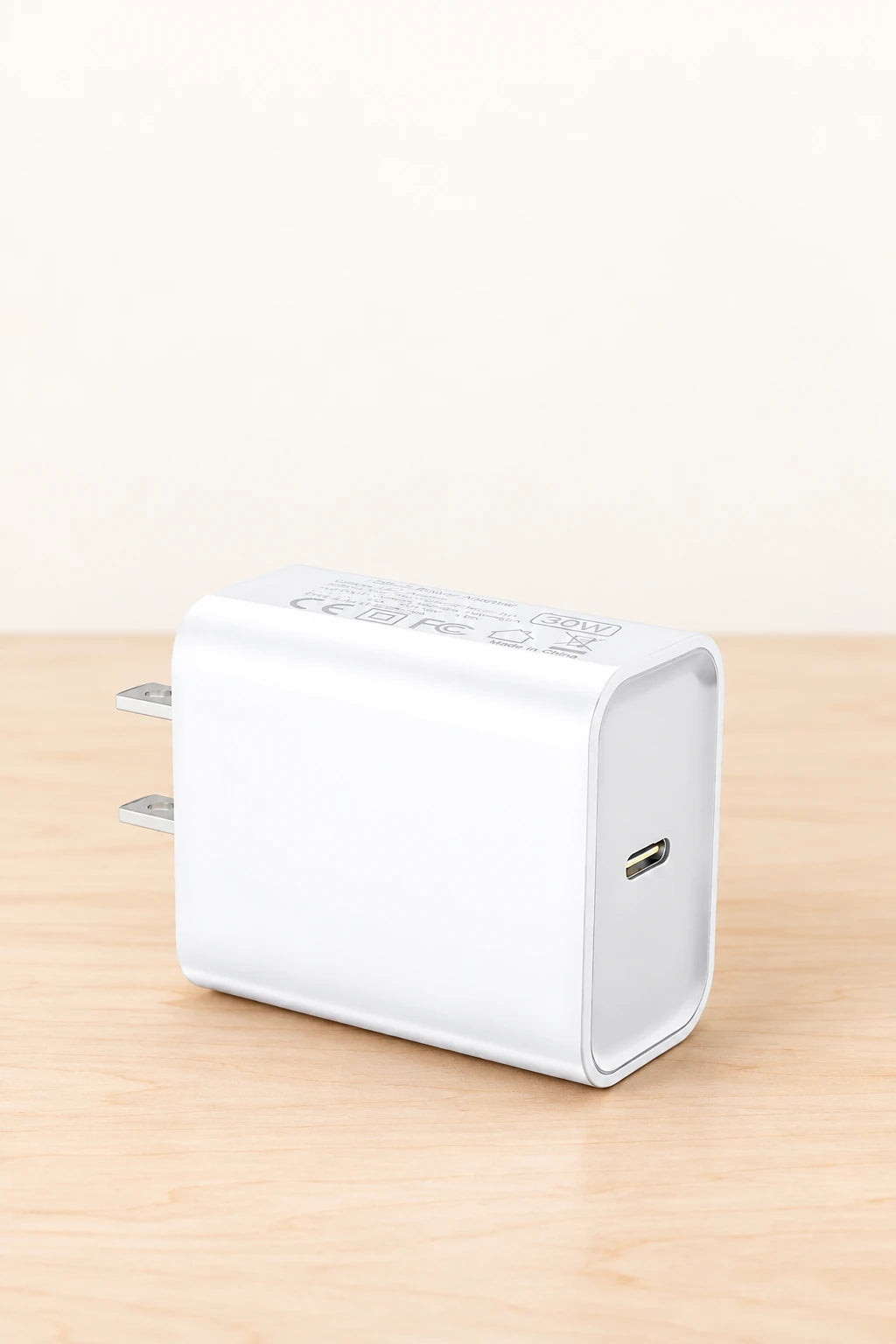 Single USB-C port on the narrow end of a white rectangular power adapter.