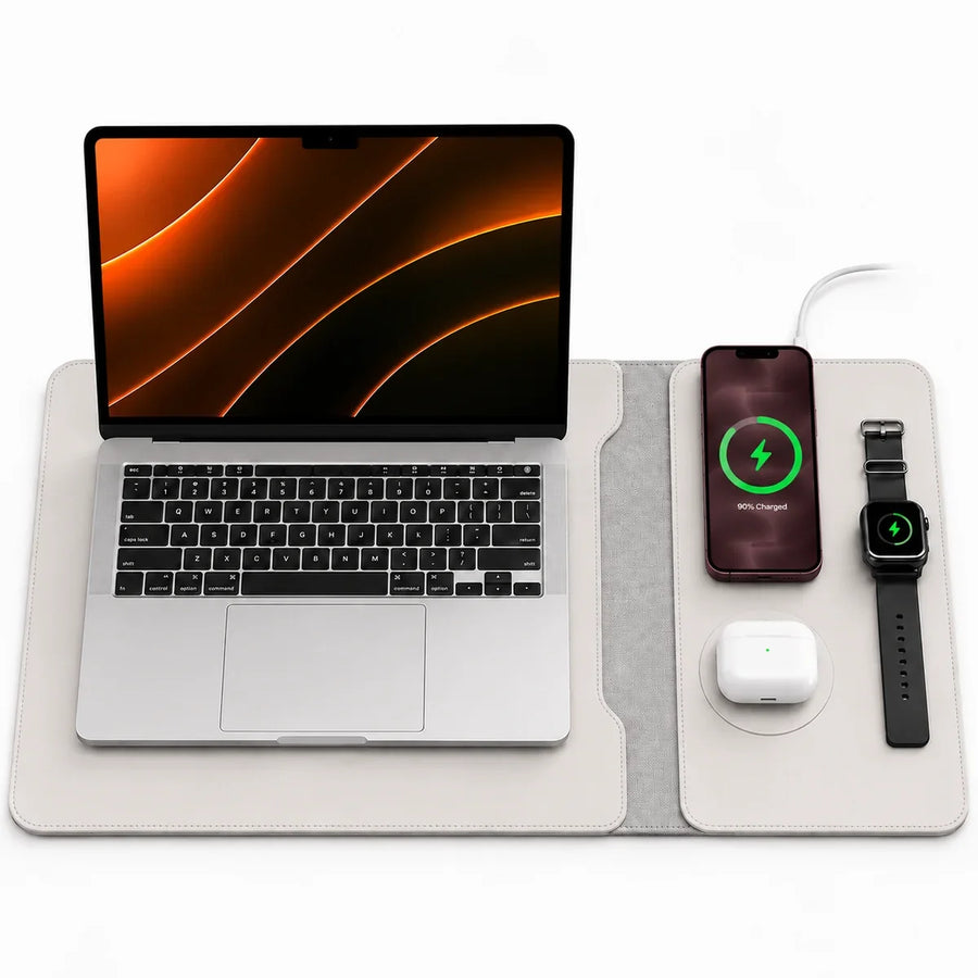 Cloud White wireless charging laptop sleeve with three charging areas.
