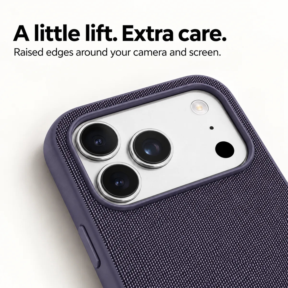Close view of the raised camera surround and woven fabric on a Dusk Purple phone case. #color_Dusk Purple